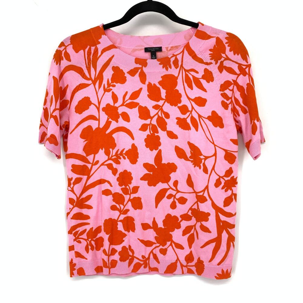 Talbots Crew Neck Short Sleeve Sweater Top Womens Size PS Pink Red Floral Print